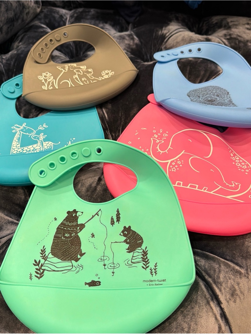 Green Silicone Baby Bib with Bear Fishing Print